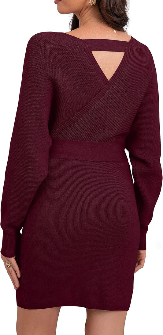 Women'S V Neck Batwing Long Sleeve Sexy Backless Wrap Bodycon Cocktail Pullover Sweater Mini Dress with Belt