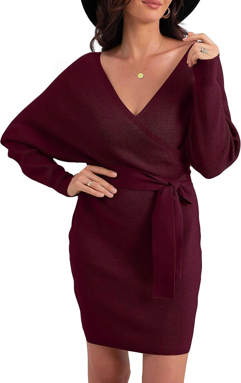 Women'S V Neck Batwing Long Sleeve Sexy Backless Wrap Bodycon Cocktail Pullover Sweater Mini Dress with Belt