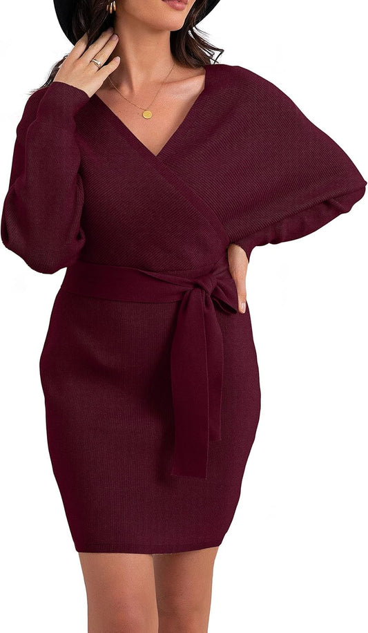 Women'S V Neck Batwing Long Sleeve Sexy Backless Wrap Bodycon Cocktail Pullover Sweater Mini Dress with Belt